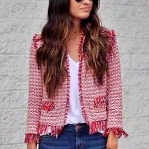 Zara - Women's Boucle Tweed Jacket with Fringe - Red - Med